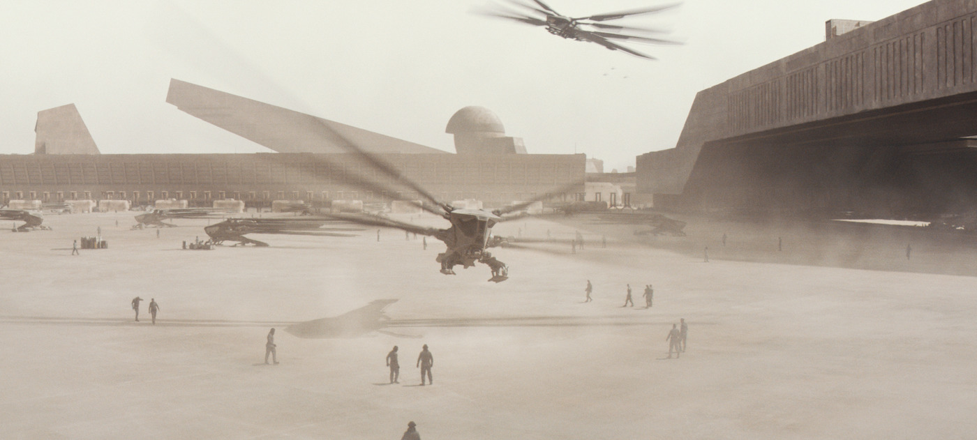 Two ornithopters landing on Arrakis flightline in Dune movie. Part of a post asking is the flying in Dune realistic?