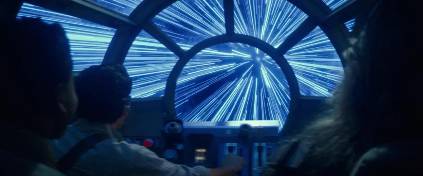 The Millennium Falcon lightspeed skipping in Star Wars: The Rise of Skywalker