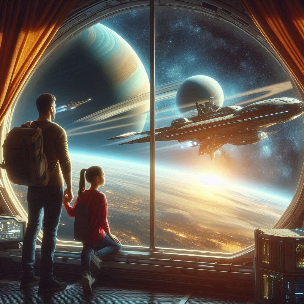 A father and daughter look out from a space station above another planet as a starship flies by