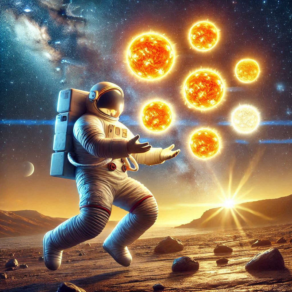 An astronaut juggling seven glowing suns on an alien landscape