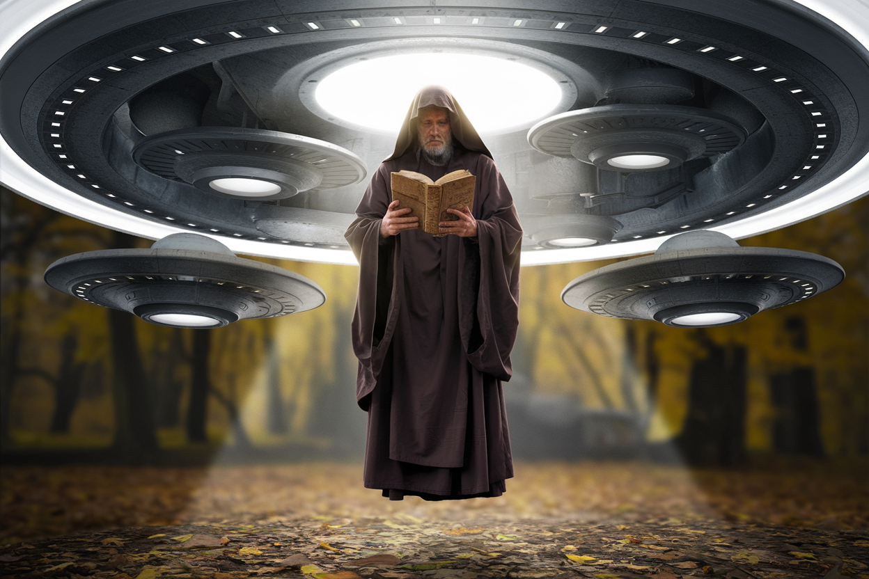 A monk reading an old Bible while levitating in a UFO's tractor beam