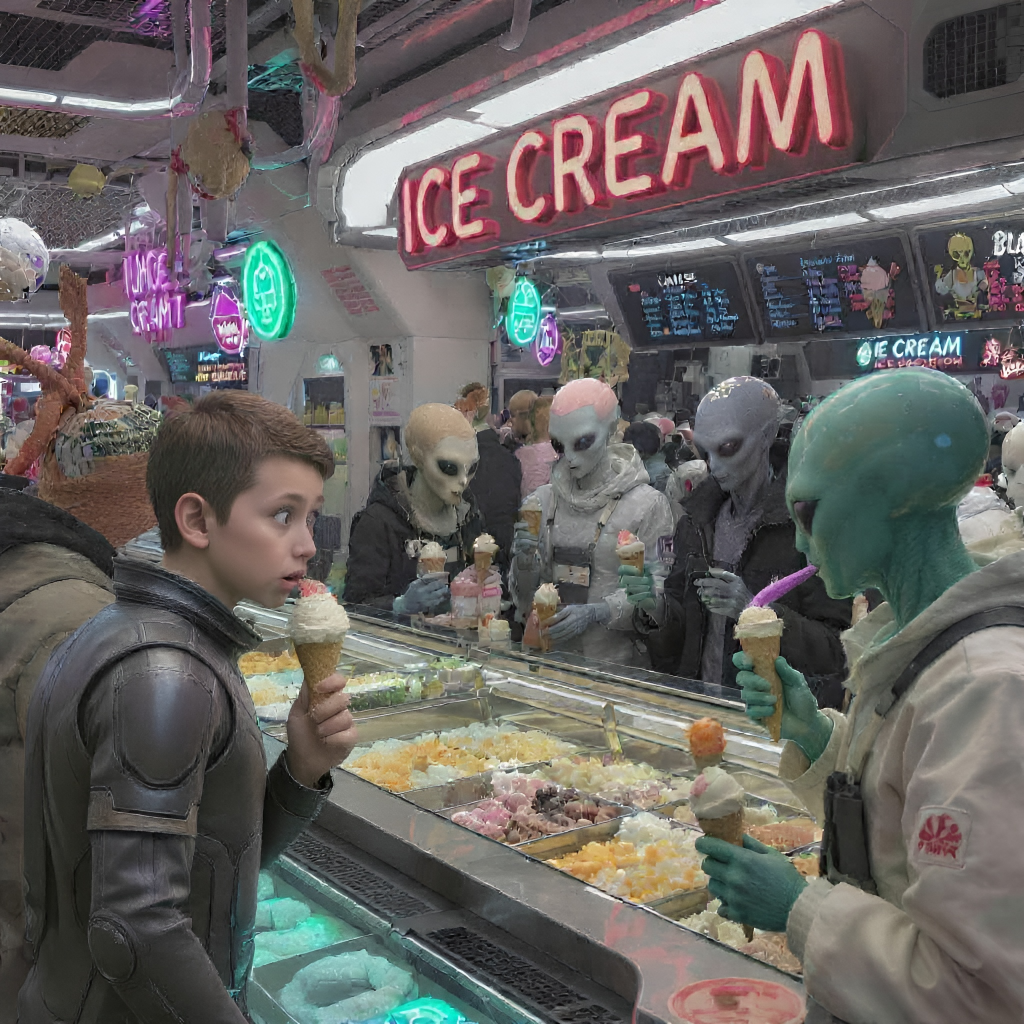 A boy at futuristic ice cream shop watches in surprise as a green alien extends a long purple tongue to eat its ice cream cone