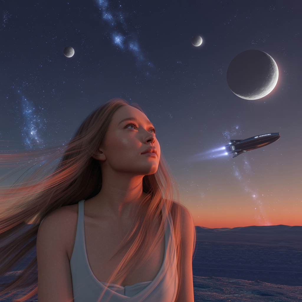 A young woman gazes thoughtfully into an evening sky with moons and a spaceship in the background