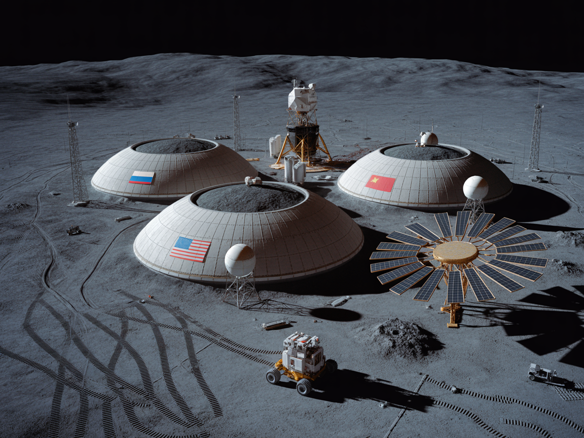 A moon base with American, Russian, and Chinese habitat domes